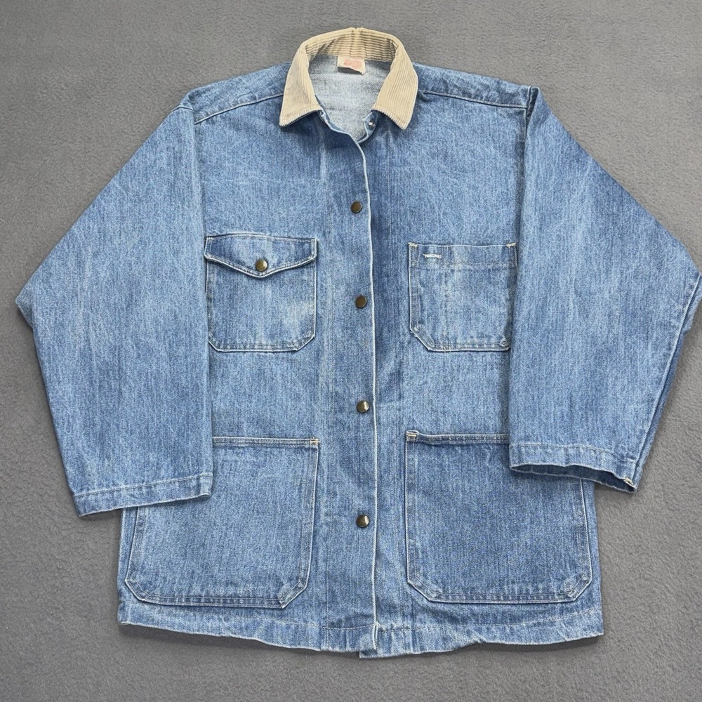 Vtg 80s Denim Chore Coat Sz L Stuffed Shirt Denim Corduroy Collar Barn Jacket